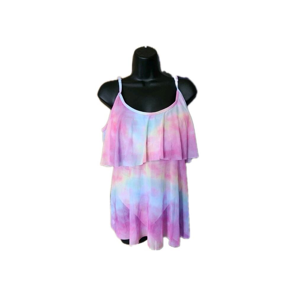 Tie Die Pink Swim Suit 2 Piece Long/Sheer Top High Bottoms Full Coverage 3XL
